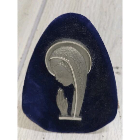 Vtg Sacred Heart Pewter Mary Marked Italy Cobalt Blue Easel Display Religious - Picture 6 of 6